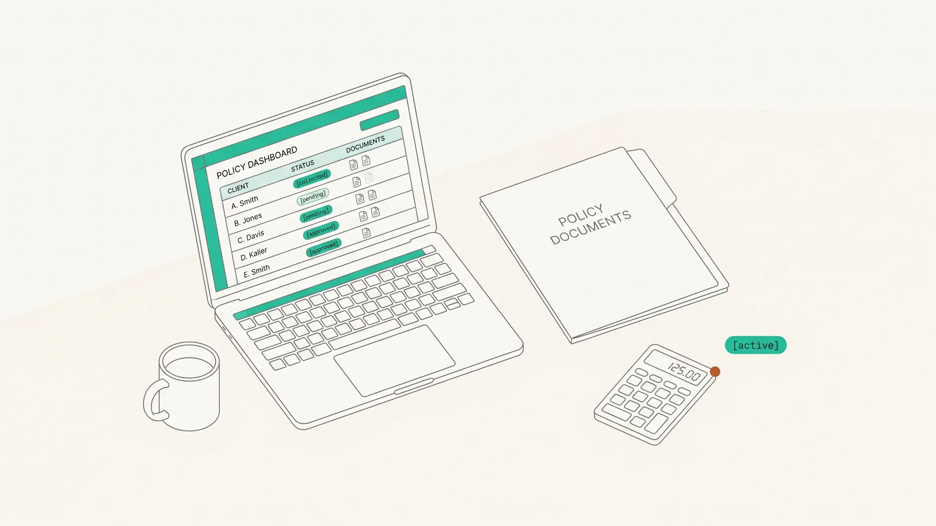 Insurance broker dashboard showing policy document collection status for multiple clients