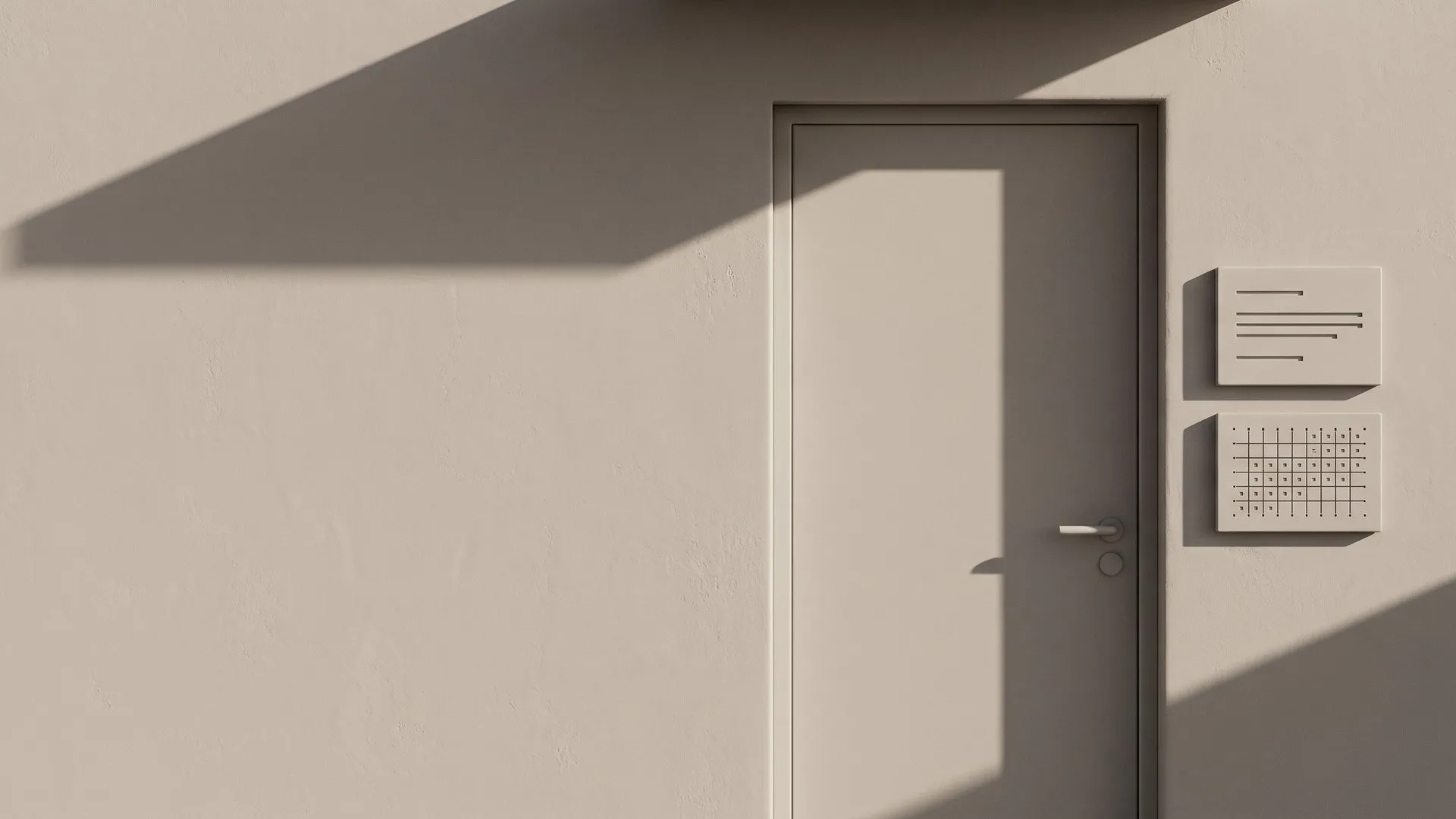 A plain office door with two plaques beside it: one engraved with lines like a firm name, one with a grid like a machine-readable code.