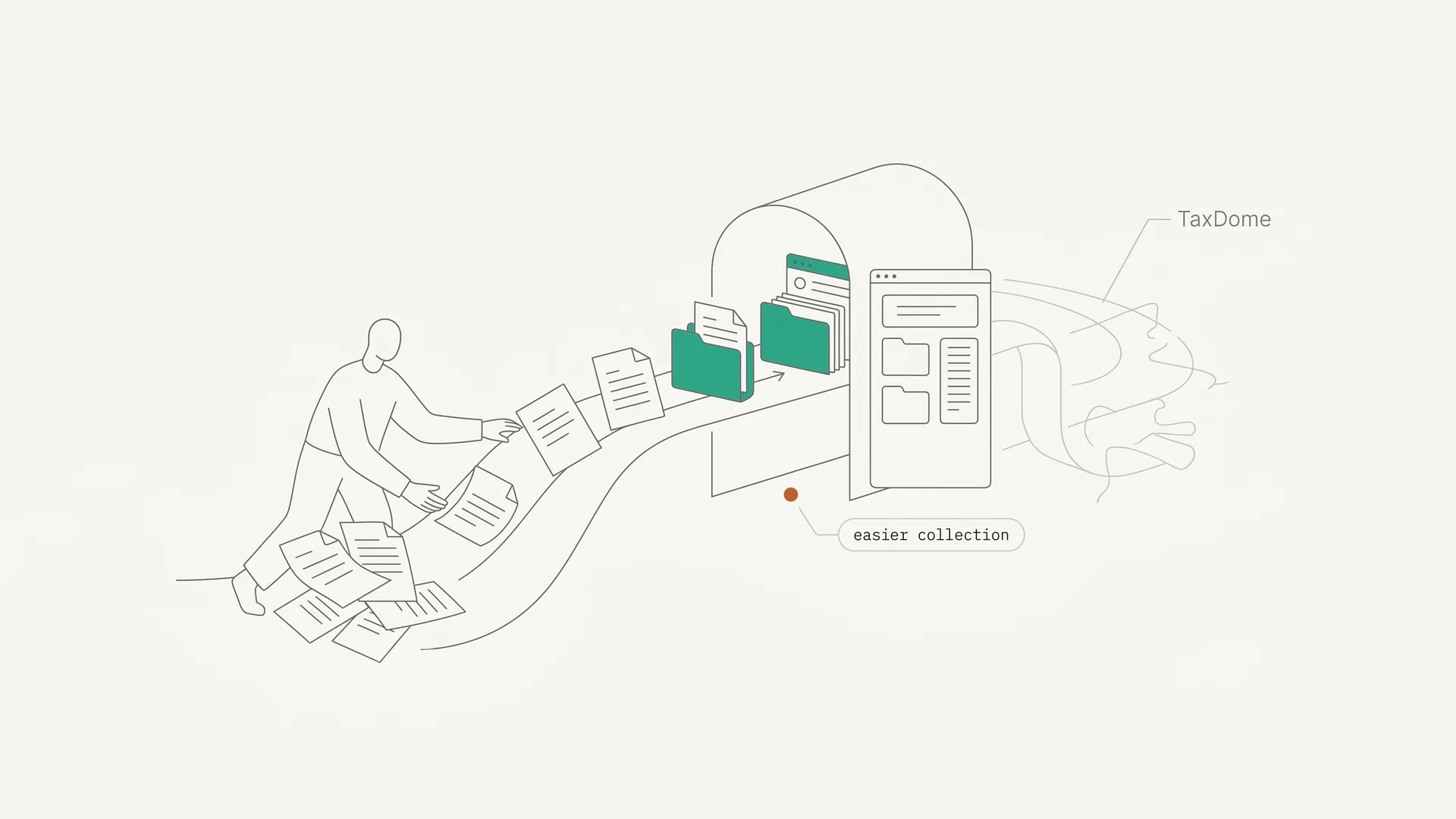 A locked login portal on the left versus a no-login upload link delivering a checked document into an organized file stack
